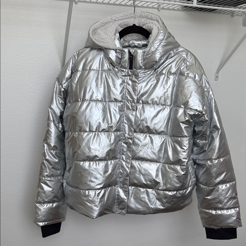 aerie Metallic Silver Puffer Jacket with Sherpa-Lined Hood